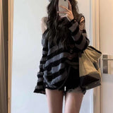 Vevesc Office Lady American Off The Shoulder Hole Lazy Sweaters Y2k Aesthetic Spliced Striped Harajuku Punk Pullovers Vintage Clothes