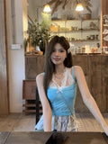 Vevesc Sweet Bow Blue Lace Vest For Women 2024 Summer New Sleeveless Tank Top Y2k Grunge Slim Fit All-match Tops Mujer