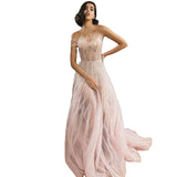 Vevesc Pink A-Line Strapless Sexy Evening Dresses Customized OEM/ODM Party Gowns Luxury Feather Beaded For Women