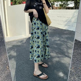 Vevesc Fashion Light Green Floral Print Skirt For Women Summer Elastic Waist Faldas Mujer 2024 New Mid-length A-line Loose Skirts