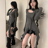 Vevesc regular Fashion Square Collar Long Sleeve Base Tops Y2k Aesthetic Slim Reffle Harajuku Temperament Girl Clothes Solid Punk Tee