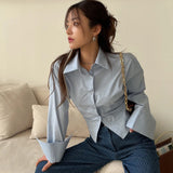 Vevesc Korean Bandage Shirt Women Fashion Backless Sexy Blouse Office Ladies Casual Slim Chic Turn Down Collar Long Sleeve Tops