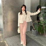 Vevesc Elegant Cropped Tweed Jackets Women Sweet Lace Patchwork Short Coat Vintage Korean Peter Pan Collar Casual Outerwear Tops