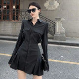 Vevesc Flare Sleeve Elegant Black Shirts Sexy Slim Waist Folds Skirts Women Chemises Femme Korean Dresses Camisas Y2k High Street