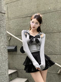 Vevesc Long Sleeve Gray Hollow Out Y2K Tshirt Sailor Collar Women Slim Waist Black Bow Sexy Camisetas Chic Preppy Style Vintage Tees