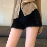 Vevesc Black Furry Knitted Casual Shorts for Women Autumn Winter Waterproof Mink Short Femme Y2k E-Girl Thicked Warm Bottoming