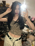 Vevesc Vintage Sexy Leopard Square Collar Tee Shirt Summer New Crop Top Slim Fit T-shirts Y2k Grunge Short Sleeve Tops Women