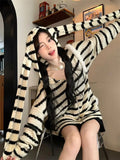 Vevesc Hotsweet Women Japanese Kawaii Striped Knitted Coats Y2k Preppy Style Mid Length Loose Cardigan Rabbit Ear Hooded Outerwear