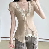 Vevesc  Multi Layered Asymmetric Top Women Contrast Color Lace Patchwork Short Sleeve T-shirt Fairycore Grunge Slim-fitting Tee