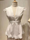 Vevesc  Sweet White Ruffled Tops Women Summer Casual Sexy V Neck Soft Cotton Sleeveless Shirt Femme Retro Solid Y2k Clothes