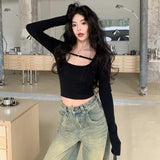 Vevesc Streetwear Solid Color Casual Long-sleeved T-shirt Women 2024 Spring New Korean Fashion All Match Sexy Slim Crop Tops