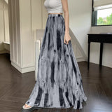 Vevesc Vintage Tie Dye Long Skirt Women Harajuku Tulle Print Maxi Skirts Summer Vacation Korean High Waist Mesh A Line Skirt New