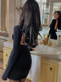 Vevesc Black Ruffles Lace Up Backless Dress Women Elegant Round Neck Long Sleeves Slim Vestidos 2024 Chic Holiday Female Clubwear