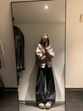 Vevesc Black Womens Jeans High Waist Vintage Design Hip Hop Straight Baggy Denim Pants Street Y2K American Style Wide Leg Denim Trouser