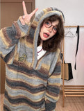 Vevesc Hooded Fashion Knitted Striped Clashing Pullover Sweaters Women Casual Loose Long Sleeve Jumper Vintage Female Streetwear