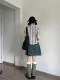 Vevesc Vintage Harajuku Plaid Commuter Litterary Blouse Y2k Aesthetic Japanese Simple High Streert Punk Shirts Buttons Short Sleeve Top