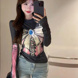 Vevesc Y2k Aesthetic Vintage Bow Print Tees 2025 Spring Slim Streetwear Contrast Color Tshirts Women Harajuku Grunge Crop Mesh Tops
