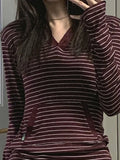 Vevesc Y2k Aesthetic Contrast Color Stripe Tops Harajuku Casual Pocket Vintage T-shirts Women Autumn Fairy Grunge Simple Slim Fit Tees
