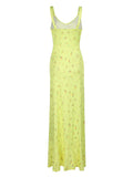 Vevesc  Yellow Floral Print Summer Vacation Beach Dresses For Women Sleeveless V Neck Elegant Sexy Boho Mermaid Dress
