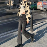 Vevesc Vintage Heart Denim Flare Pants Y2k Korean Trousers High Street Women Casual  Sweet Preppy Style Wide Leg Jeans