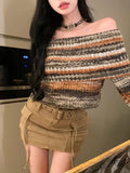 Vevesc Y2K Vintage Striped Cropped Sweater Women Harajuku Hip Hop Slim Knitted Jumper Sweet Off Shoulder Pullover Korean Tops
