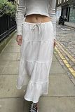 Vevesc  Vintage Lace-up White Long Skirts Women Summer Cotton Drawstring High Waist A-line Skirt Female Sweet Simple Loose Faldas Y2k