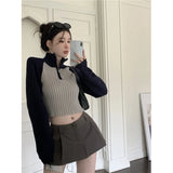 Vevesc Y2K Cropped Sweater Women Streetwear Patchwork Knitted Pullovers Harajuku Korean Stand Zipper Jumper Slim Casual Knitwear