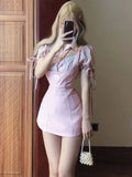 Vevesc Pink Sweet Kawaii Two Piece Set Women Korean Fashion Party Mini Dress Set Female Bow Lace Tops + Cute Princess Dress Suit