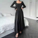 Vevesc  Hepburn Style Fashion Elegant Women A Line Dress Summer Elastic Slim Long Sleeve Midi Dress High Waist O Neck Pleated Dress