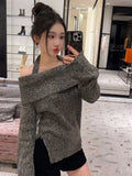 Vevesc Women's Grey Pullover Knitted Sweater Harajuku Aesthetic Y2k Long Sleeves Slash Neck Sweaters Vintage 2000s Clothes Autumn