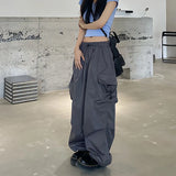 Vevesc Drawstring Baggy Grey Cargo Pants Women High Waist Black Pants Streetwear Boyfriend Jogging Casual Straight Wide Leg Trousers