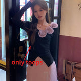 Vevesc Elegant Vintage Rose Long Sleeved Knitted Sweater+ Y2k High Waist Fashion Skirt for Women Autum New Two Piece Sets