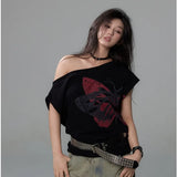 Vevesc Black Color American High Street Sexy Off The Shoulder Tops Harajuku Punk Bow Print Summer Commuter Shirts Y2k Aesthetic Tees