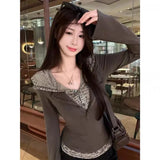 Vevesc Street Punk Patchwork Fake Two Hoodie Tops Mujer Autumn New T-shirts for Women y2k Slim Fit Long Sleeve Bottoming Tees