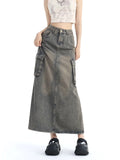 Vevesc Women Blue A-line Denim Cargo Skirt Y2k Long Cowboy Skirts 90s Aesthetic Harajuku Korean Emo Jeans Skirt 2000s Vintage Clothes