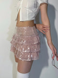 Vevesc Pink Sequin Mini Skirt Women Coquette Low Waist Ruffle Patchwork Cute Sexy Micro Skirt Y2K Summer Kawaii Fashion Party