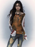 Vevesc Harajuku Patchwork Mesn Tops Women Casual Flare Sleeve T-shirt Vintage Print Y2k Aesthetic Graphic Fairy Grunge T Shirts Femme