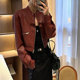 Vevesc New Autumn Winter Vintage Japan Biker Jackets Y2k Aesthetic Zip Up Slim High Waist American Punk Coats Streetwear Clothes