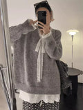 Vevesc Women's Lace-up Grey Pullover Knitted Sweater Harajuku Y2k Long Sleeves V-Neck Sweater Jumper Vintage 2000s Aesthetic Clothes