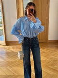 Vevesc  Summer Ruffled Loose Shirts Cardigan For Women Lapel Long Sleeve Casual Solid See-Through Blouse Female Pleated Shirts New