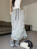 Vevesc Y2K Drawstring Parachute Skirts Women High Street Side Split Cargo Long  Female Casual Multiple Pockets Maxi