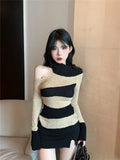 Vevesc Skew Collar Off Shoulder Striped Knitted Tops Women Autumn New Bottoming Sweater Mujer Long Sleeve All-match Pullovers