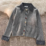 Vevesc Korean Preppy Style Sueter Mujer Plaid Patchwork Shirt Turn Down Collar Pullovers Knitted Women  Short Gray Sweaters Y2k