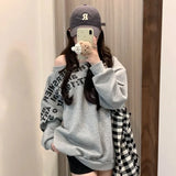 Vevesc Lazy American Off The Shoulder Letter Print Office Lady Vintage Sweatshirts Y2k Clothes Loose Harajuku Pullovers Punk Clothes