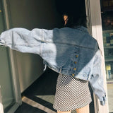 Vevesc Streetwear Cropped Denim Jackets Women Oversized Casual Short Coat Korean Batwing Sleeve Single Breasted Jeans Outwear New