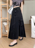 Vevesc Women Denim Long Skirt Harajuku Y2k 2000s Vintage Skirts 90s Aesthetic Streetwear Fashion Black A-Line Jean Skirt Clothes