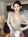 Vevesc Korean Fashion Solid T Shirts Women Harajuku Vintage V-neck Long Sleeve Tees Female Sexy Slim Basic Tops Autumn Winter