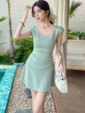 Vevesc  Women Green Knitted Short Sleeve O-Neck Mini Dress Summer Pleated Bodycon Hip Wrap Dress 2025 Korean Fashion Casual Party Dress