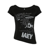 Vevesc Summer Sexy One Shoulder  Y2k Aesthetic T-Shirts Streetwear Vintage Letter Printing Tshirts Harajuku Grunge Oversized Black Tops