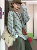Vevesc New Fashion Simple Fresh O Neck Long Sleeve T Shirt All Match Sweet Korea Constrast Color Striped Loose Lazy Tops Y2k Spring Tee